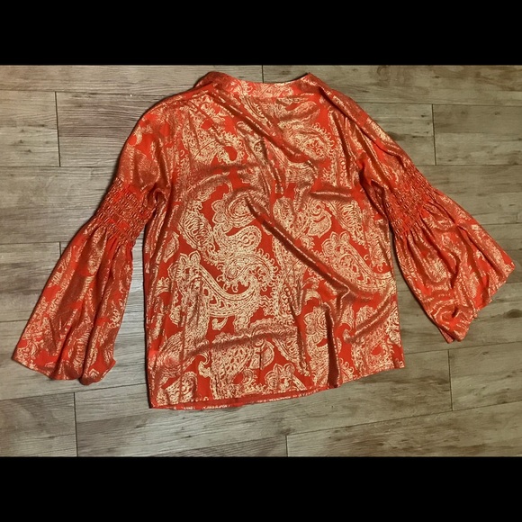 Michael Kors Bell Sleeve V Neck Fluted Sleeve Tangerine Top - Picture 3 of 4